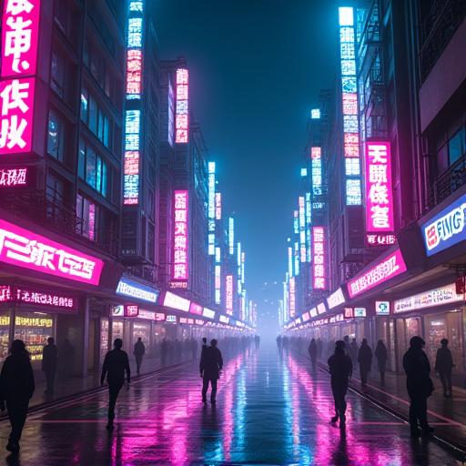 ネオンに照らされた未来の東京の街並みを描いたモーション広告の一場面