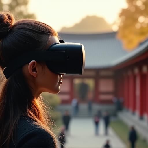 VRヘッドセットを装着した人が京都の古い寺院を見ているシーン